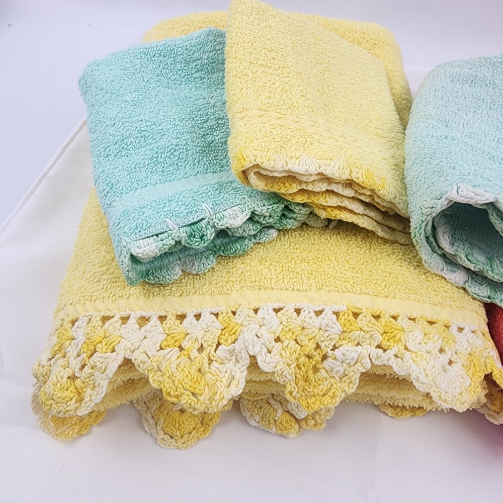 Vtg. Cannon Pink/ Coral Yellow‎ Towels Washcloths Crochet Edge Made USA 3 Extra - Picture 3 of 16